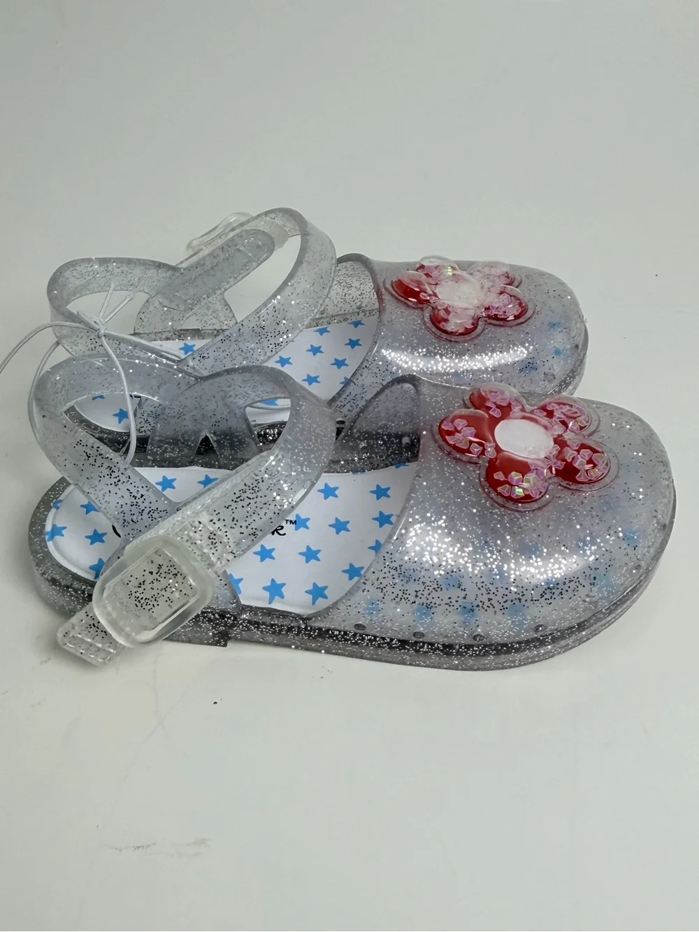 Cat & Jack Clear Silver Glitter Jelly Sandals with Red Flower Accent